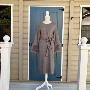 Vintage Faux-Fur Cuff Knit Belted Midi Dress - Taupe Women’s Size Medium